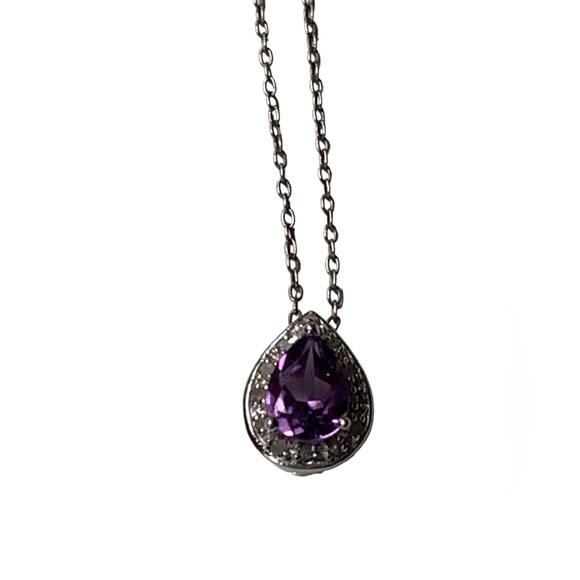 Sterling Silver Faceted Teardrop Amethyst Crystal Woman’s Necklace Purple Pisces - Picture 4 of 10